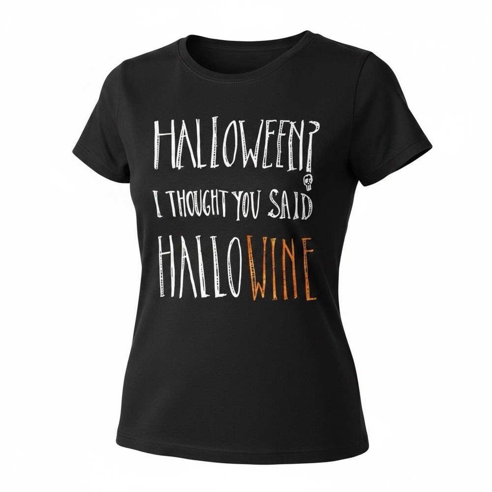 HALLOWEEN Tee-Shirt Women’s Size M (8-10) Black I THOUGHT YOU SAID HALLOWINE
